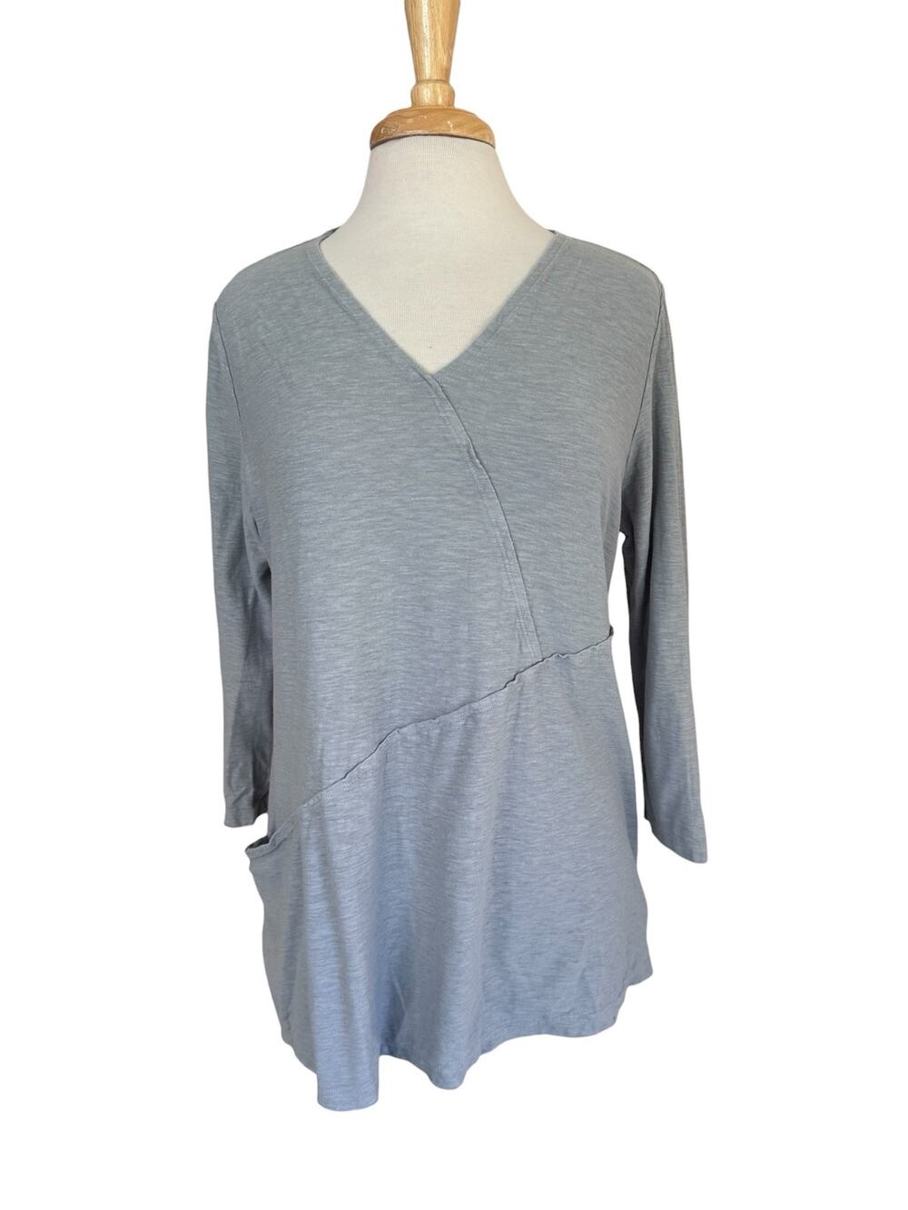 CUT LOOSE Linen Blend Faux Wrap 3/4 Sleeve Top in Gray Size Large Womens Pocket